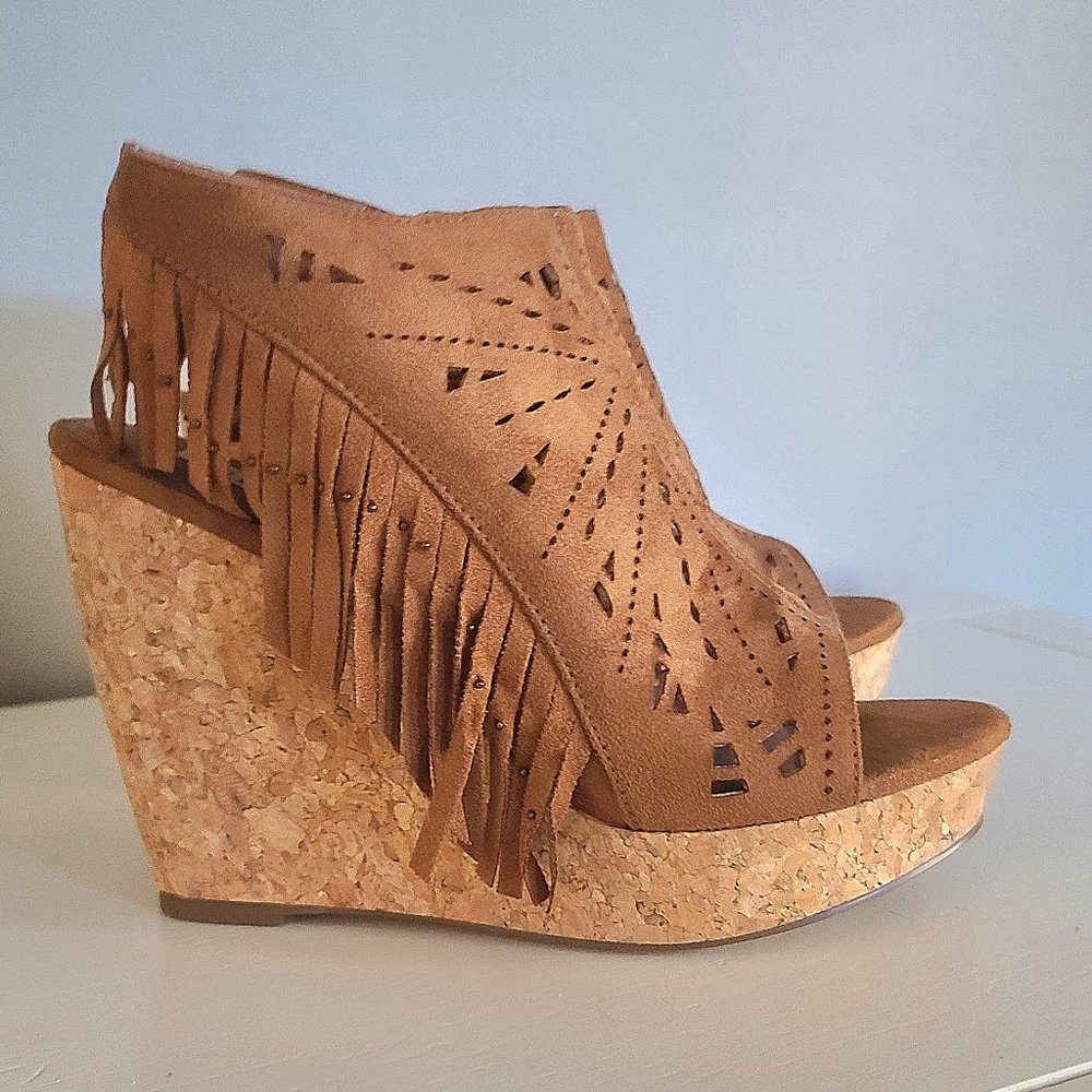 Suede Fringed Bootie Wedged Sandals